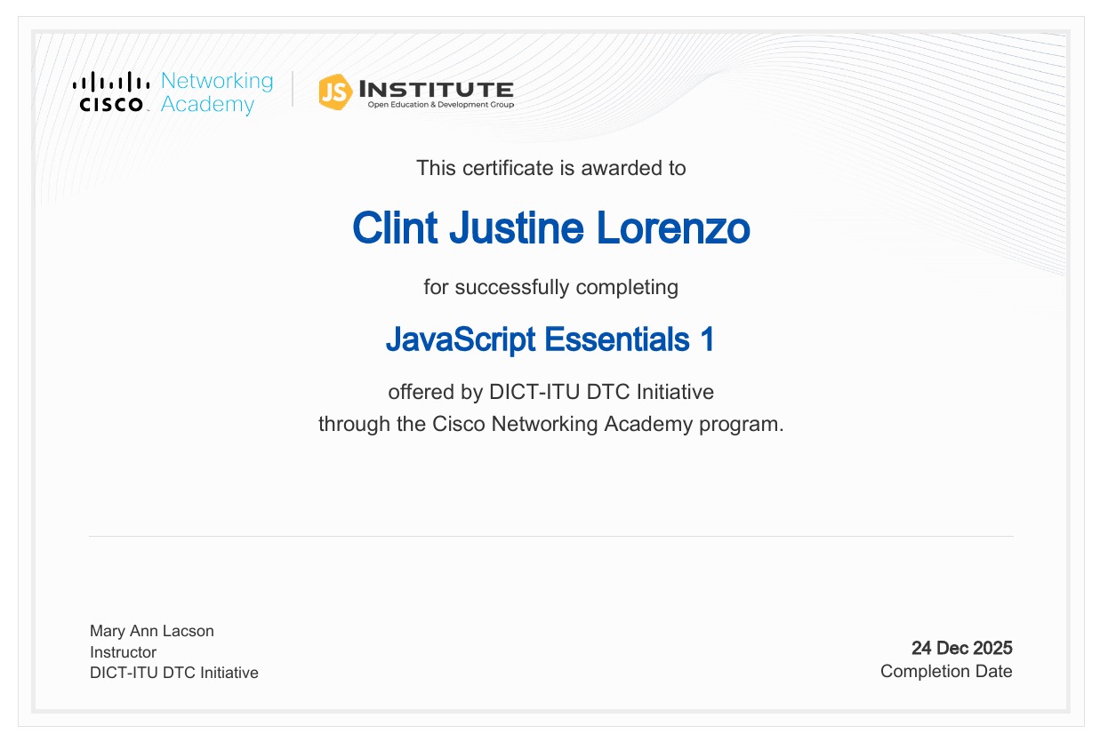 JavaScript Essentials 1 certificate from Cisco
